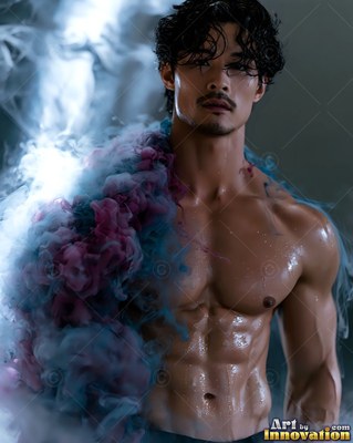 Facing forward in a dim studio, a shirtless man with wet skin holds swirls of smoke