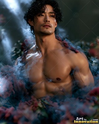 A shirtless man with wet dark hair stands surrounded by soft blue smoke and flowers