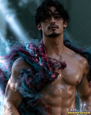 In dark misty light, a wet shirtless man stands wrapped in red and teal smoke