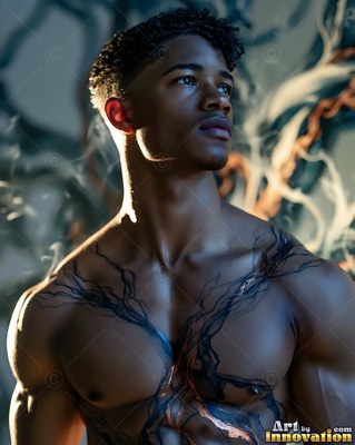 Turned to the side, a man without a shirt stands in front of pale branches in soft light