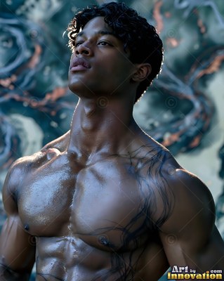 A shirtless man with wet skin looks up in soft blue light