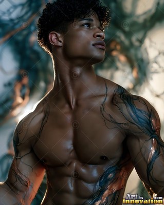 In a dim forest, a shirtless muscular man turns his head to the side