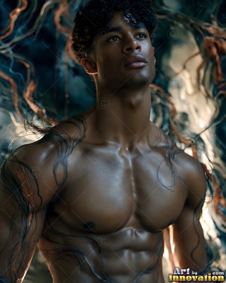 Looking up, a muscular shirtless man stands in cool blue light beside dark vines