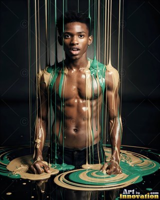 Streams of green and tan paint drip over a shirtless young man standing against black