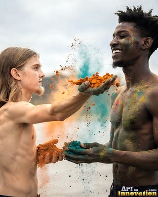 Facing each other outdoors, two shirtless men hold handfuls of bright powder