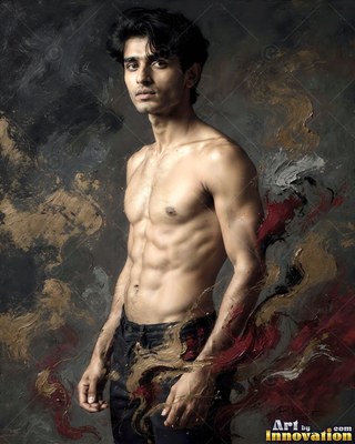 Against a dark painted backdrop, a shirtless man stands in dim studio light