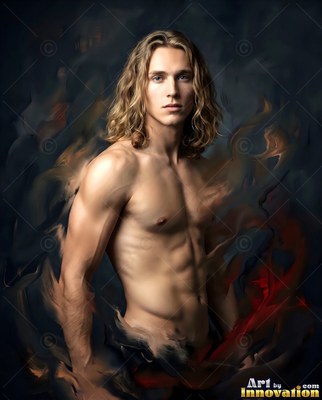 Standing bare-chested, a blond man gazes forward through smoky red and black clouds