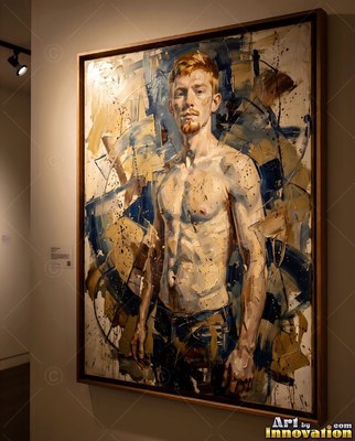 Shirtless red-haired man standing against blue and gold paint strokes