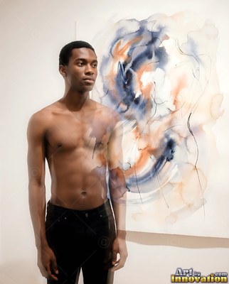 Bare-chested in black jeans, a young man stands by a blue and peach watercolor mural