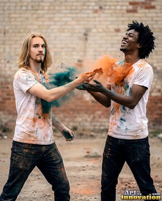 Throwing colored powder, two men in white shirts laugh before a brick wall