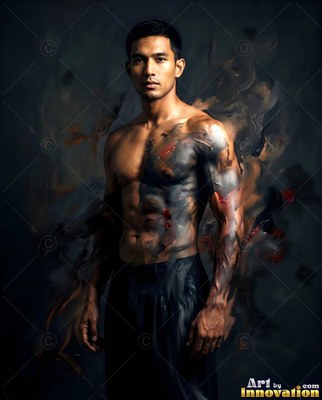 Dark paint swirls across the shoulder of a shirtless man standing in soft light against a black backdrop