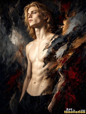 A shirtless man peers upward while dark textured paint covers his left side in deep red light