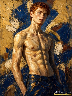 Turned three-quarters, a shirtless man poses against a blue and gold background