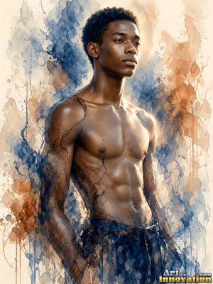 A shirtless young Black man looks to the side against blue and tan paint splashes