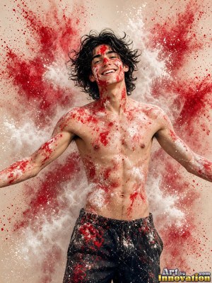 Before a burst of red and white powder, a shirtless smiling man extends his arms