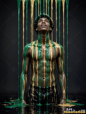 A man looking up as green and tan paint drips over him