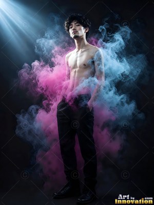 A shirtless man in dark pants stands quietly in clouds of pink and blue smoke