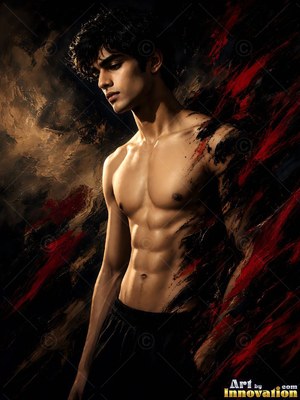 Turned to the side, a shirtless man standing in a dark space with red streaks