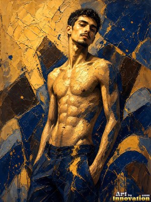 A shirtless man in dark pants poses against thick blue and gold paint