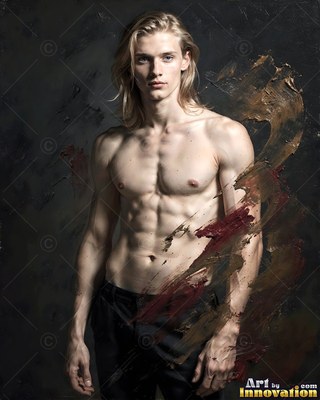 In a dark studio, a shirtless man with long blond hair stands motionless