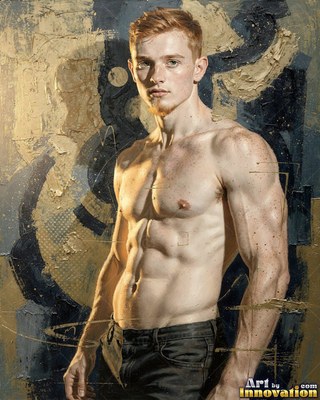 Standing shirtless, a muscular man poses against a textured beige wall