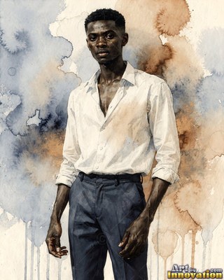 Man standing in an open white shirt and dark trousers