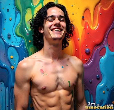 A smiling shirtless man stands in front of melting blue and red paint