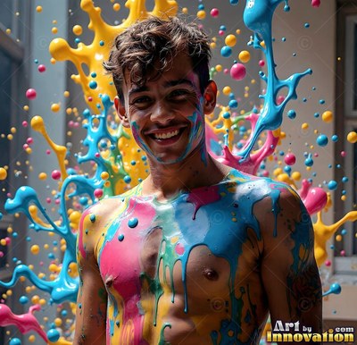 Smiling brightly, a shirtless man is covered in blue and pink paint splatters