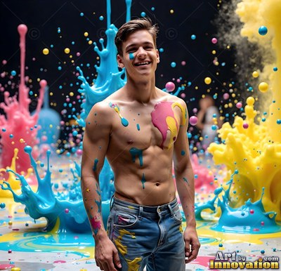 Laughing shirtless man standing before splashing yellow and blue paint