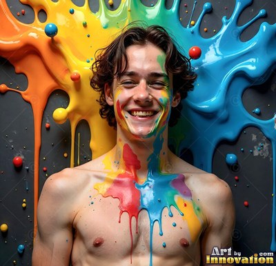 A grinning shirtless man stands as thick orange, yellow, and blue paint drips down his chest and the wall