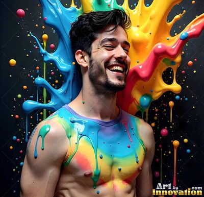 Turned sideways, a smiling shirtless man stands before blue and yellow paint splatters
