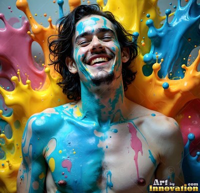 A shirtless man with a smile covered in blue paint with yellow splashes behind him