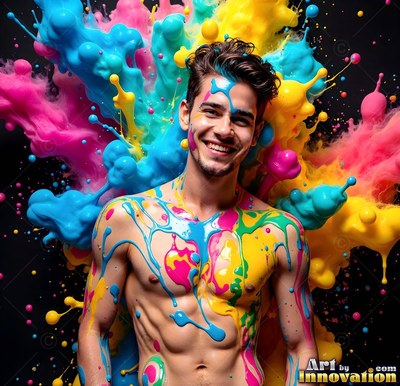 Smiling against a black background, a shirtless man is splashed with yellow and blue paint