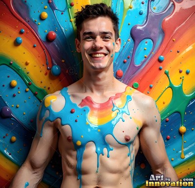 Bare-chested man smiling dripping with blue and rainbow paint