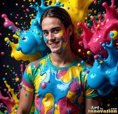 Bright blue paint on his cheek, a cheerful man stands in front of a dark backdrop with splashes of pink and yellow