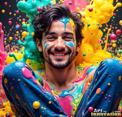 A smiling young man sits covered in wet blue and yellow paint splatters