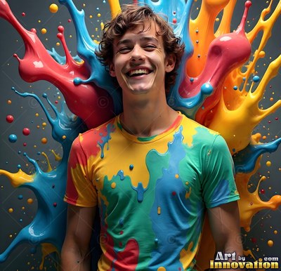 Facing forward in a studio, a laughing man has blue and yellow liquid paint splashing behind him