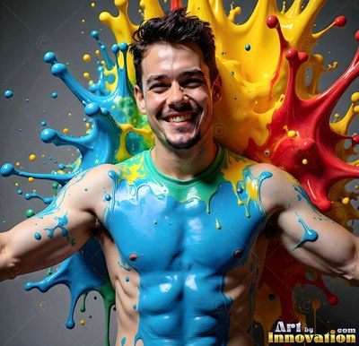 A grinning shirtless man covered in blue paint with yellow and red paint splashes behind him