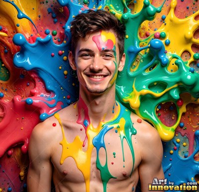 Before splashed blue and yellow liquid paint, a smiling shirtless man is splattered in color