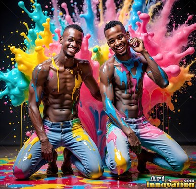 Kneeling side by side, two smiling men in jeans are splashed with bright yellow and pink paint
