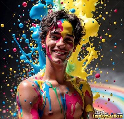 Bare-chested man smiling covered in splashes of blue and yellow paint
