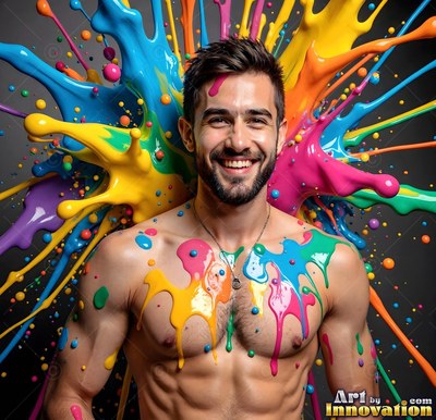 A trimmed beard on a shirtless man smiling against a dark wall with splashes of yellow and blue