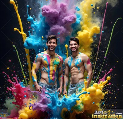 Two shirtless men stand smiling as bright poured yellow and blue flying paint splatters around them