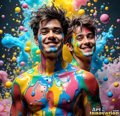 Facing forward, two shirtless smiling men stand covered in bright yellow and blue liquid paint