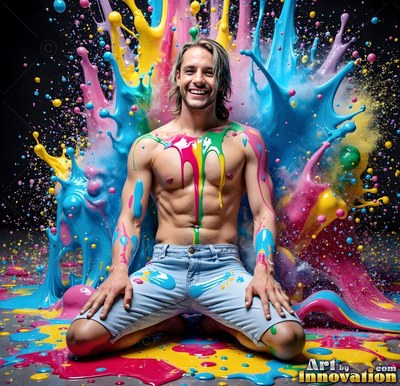 A shirtless man smiles on his knees as bright blue and pink flying paint splatters behind him