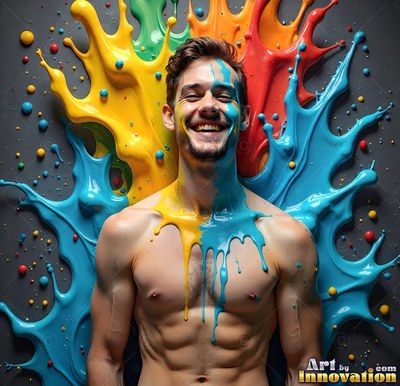 Smiling happily, a shirtless man has blue and yellow liquid paint poured over his chest