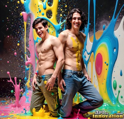 Two smiling shirtless men in jeans kneel by splashes of paint