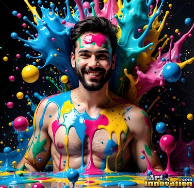 A laughing man is covered in splashed paint with bright yellow and blue drips around him