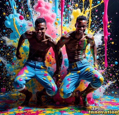 Crouching in a dark studio, two shirtless men smile in splashes of paint
