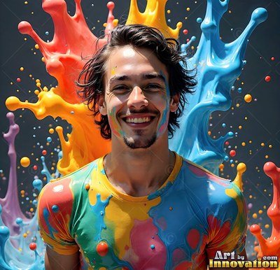 A laughing man covered in colorful wet paint with big splashes behind him